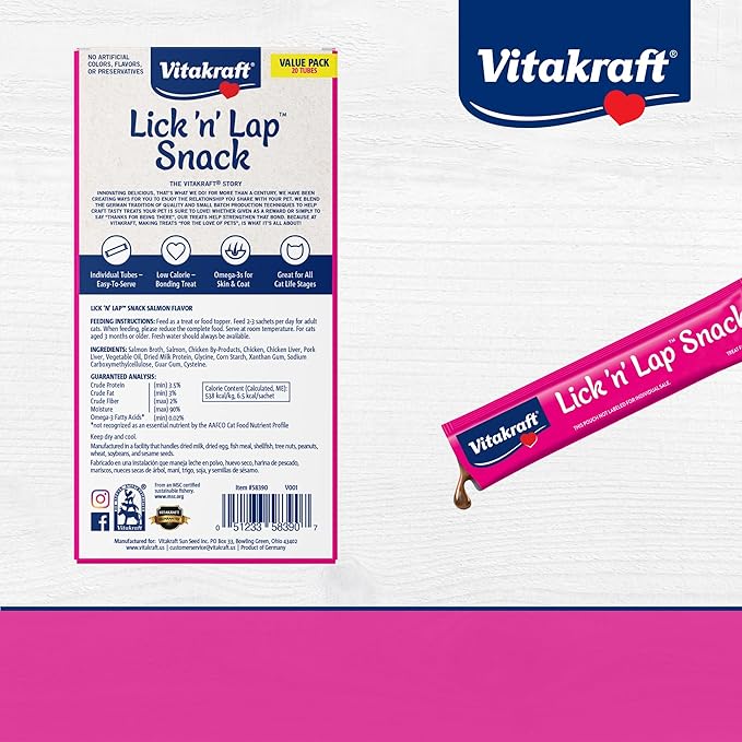Vitakraft Lick 'N' Lap Real Salmon Squeezeable Liquid Cat Treats, Lickable, Salmon Broth #1 Ingredient, No Artificial Colors, Preservatives or Added Sugar, for Hydration, 0.52 oz. Tubes, 80 Count