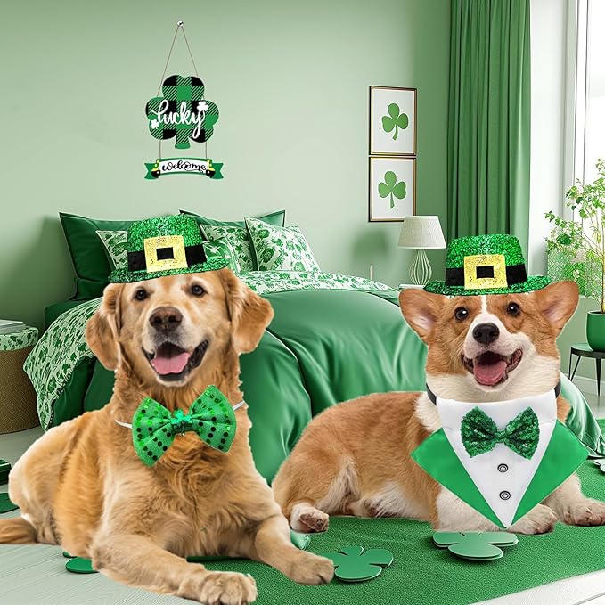 3Pack St.Patrick's Day Dog Costume Puppy Bandana Top Hat Green Shamrock Bow Tie Collar Adjustable Pet Scarf Formal Tux Clothes Irish Tuxedo Outfits for Dogs Cat Dress (3Pcs Irish Hat Tux Bow, Medium)
