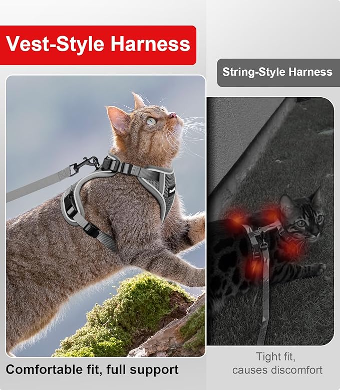 Cat Harness and Leash for Walking Escape Proof Soft Adjustable Cat Leash Breathable Comfortable Vest Easy to Wear Kitten Harness for Outdoor Travel (Grey, XS (4-6lb))