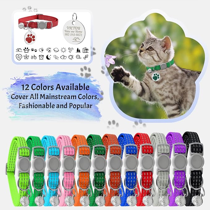 CAMAL Reflective Cat Collar with Name Tag, Personalized Cat Collar Breakaway with Bell, Customized Cat Collar Adjustable for Girls & Boys