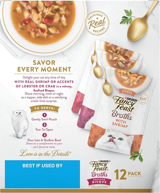 Purina Fancy Feast Broth Seafood Bisque Complement Variety Pack Gourmet Grain-Free Lickable Cat Food Topper, Pack of 12, 1.4 oz. Pouches