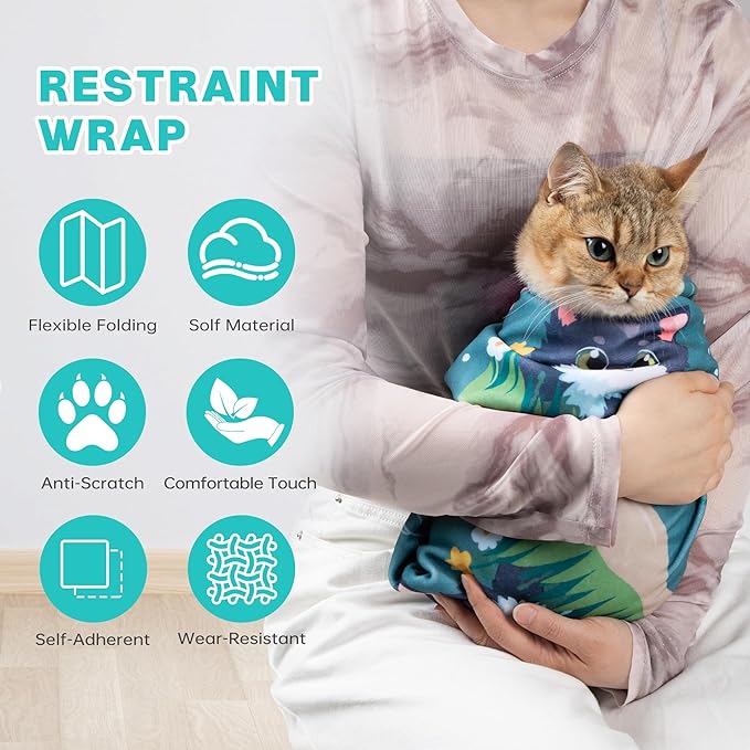 Tuiskusa Cat Grooming Wrap, Cat Wrap for Cutting Nails, Self-Adherent Fabric Wrap for Cats, Cat Burrito Wrap Anti-Scratch, Anti-Escape, Multifunctional Swaddle Wrap Pet Tool 21.6×21.6"