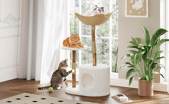 Wood Cat Tree Tower with Natural Wicker Apartment & Scratching Post – Indoor Cat Furniture with Cozy Bed, Aesthetic Tree Frame for Living Room