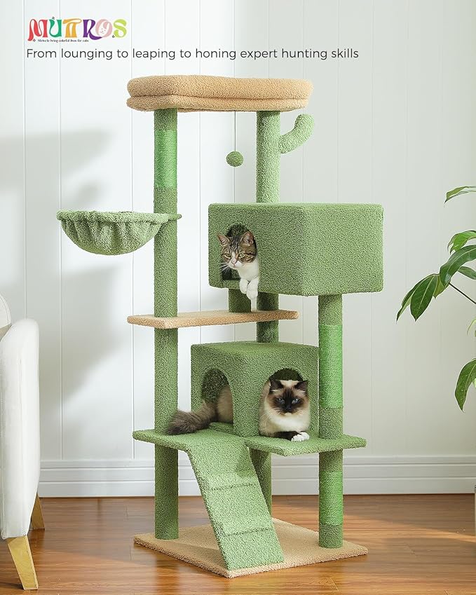 MUTTROS Cactus Cat Tree for Adult Cats with Super Large Top Perch, 56.3" Cat Tower for Cats with Plush Hammock, Dangling Pompom, Cat Scratching Posts and 2 Condos, Green House