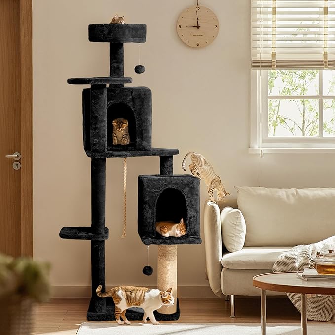 59in Large Cat Tree Tower for Indoor Cats with Soft Plush Hang Ball, Two Condos, Sisal Scratch Posts & Rope Play for Kittens/Adult Cats, Black