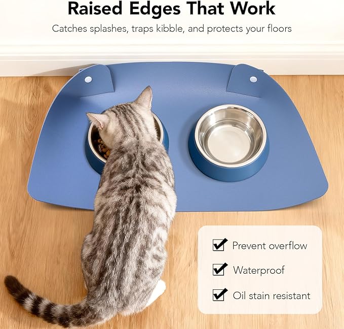 Cat & Dog Pet Feeding Mat,Pet Food Mats for Floor Waterproof,Protects Floors from Spills, Cat Bowl Mats for Food and Water,Gray Blue