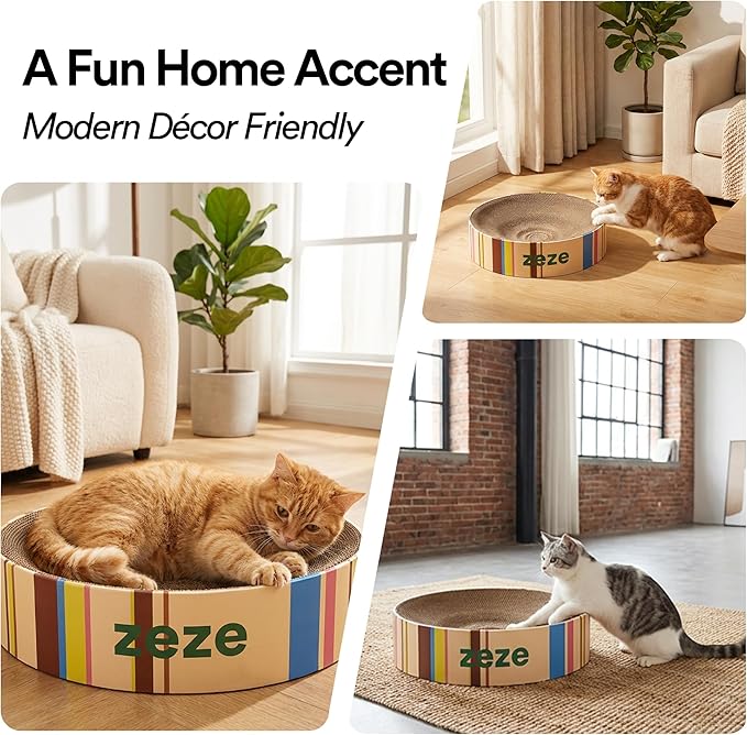ZEZE Round Cat Scratcher Bed — Durable Corrugated Cardboard Cat Lounge, Scratch & Sleep Bowl Shape Cat Bed, Cozy Curved Design, Minimal Mess, Sturdy Edge Support (Cream Mille-Feuille)
