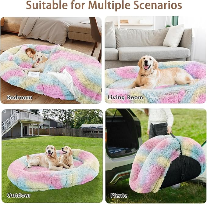 ROOMTEC Human Dog Bed, 71''x45''x12'' Size Fits Adult and Pet Washable Giant People Bed 10 CM Thick Memory Foam Large Oversize Pet Bed with Plump Pillow, Blanket, Strap - Rainbow