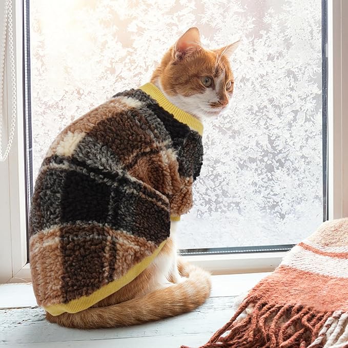 Sphynx Cat Sweater, Soft Fleece Pullover with Sleeves, Warm & Elastic Pet Clothes for Hairless Cats and Small Kittens, Cozy Winter Outfit Yellow XL