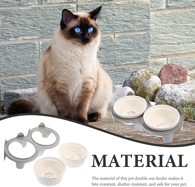 Ceramic Raised Cat Bowl Set with Elevated Slant Double Bowls Gray Thickened Non-Slip Stand for Cats Pet Feeding and Watering Supplies
