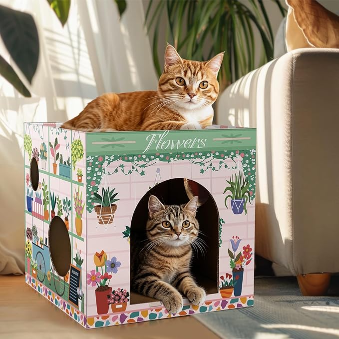 Cinrobiye Cardboard Cat House with 2 Pcs Scratching Pad,Pet Hideaway Cave Board Bed Playhouse Condo Box Decor Small Animals Scratcher Bed for Indoor Cats Kittens Rabbits Bunny