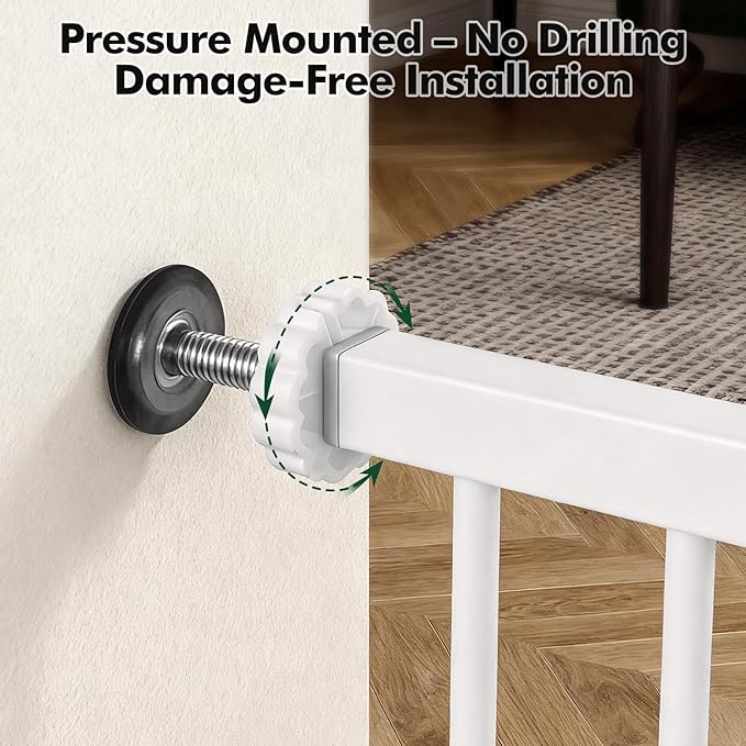 Metal Pet Gate with Cat Door, Adjustable Dog Gate for Doorways & Stairs, Pressure Mounted, Auto-Close, No Tools Needed, 31-46 Inches, White