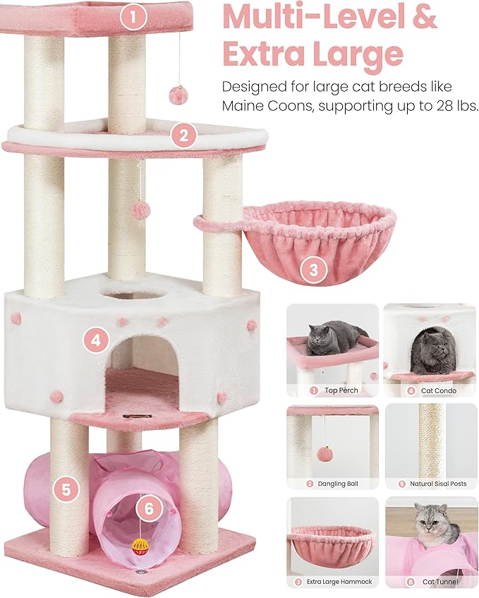 Cat Tree Tower for Large Cats Adult - 60 Inch XXL Sturdy Heavy Duty Extra Wide Scratching Posts (φ4.4in) Condo - Indoor Big Cat House Hammock Perch - XL Wood Multi Level Feline Pet Bed Trees Houses