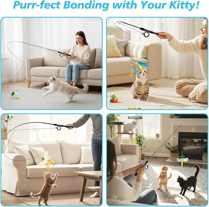 Pawaboo Cat Feather Toys, 4 Pack Interactive Cat Feather Teaser Wand Toys, Retractable Fishing Pole Wand Catcher Exerciser with Refill Fish, Dragonfly Worm with Bells, Blue Yellow Green