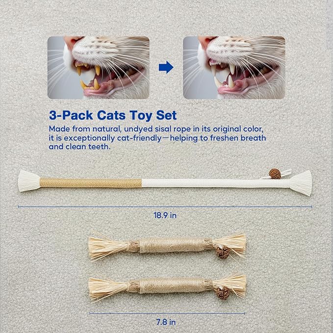 3-Pack Cat Chew Toys, Silvervine Sticks and Cat Chew Rope, Dental Care for Bored Indoor Cats, Interactive Toys with Refillable Catnip for Kittens Teeth Cleaning