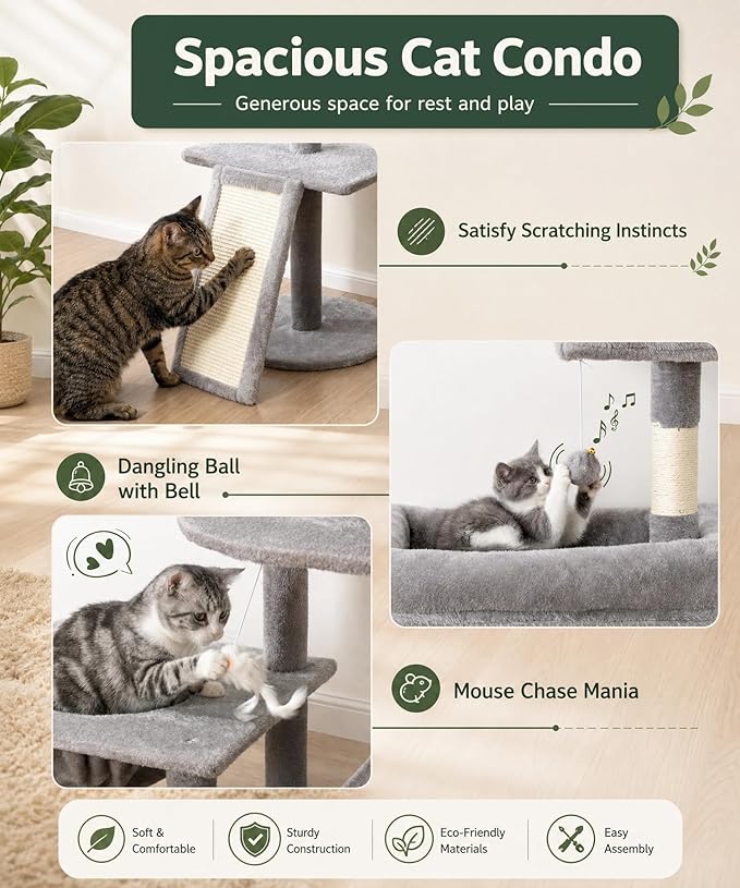68 Inches Heavy Duty Cat Tree for Indoor Cat, Big Cat Tower with Sisal Scratching Posts and Top Perch, Large Platform for Adult Cats, PMT02GY, Grey