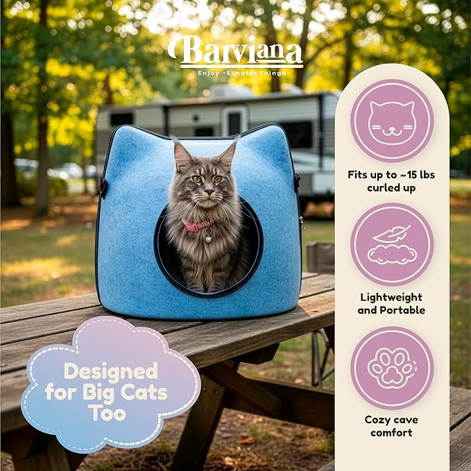 Cat Cave Bed for Indoor Cats – Felt Covered Hideaway with Cushion, Foldable Enclosed Pet House, Portable Cozy Cave Bed for Medium & Large Cats (Blue)
