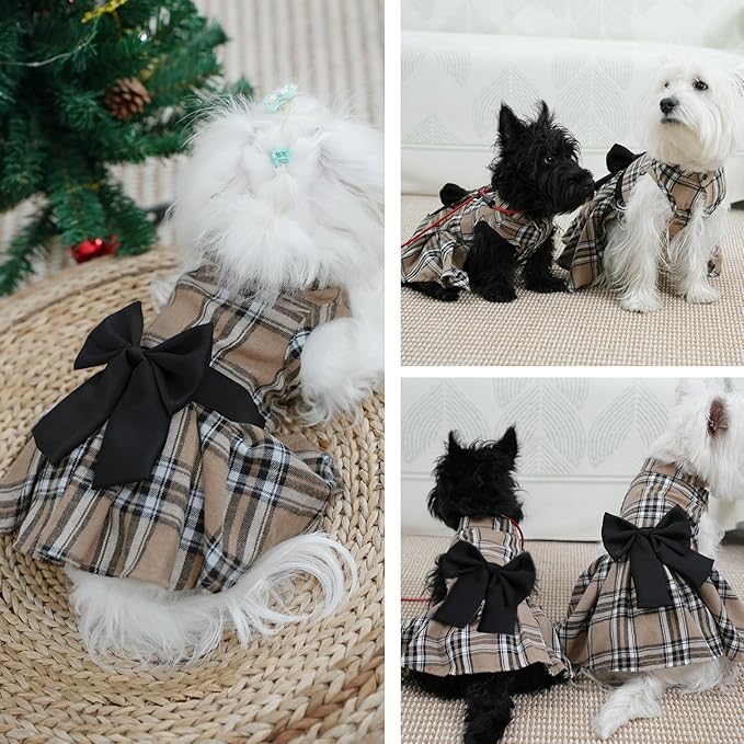 Pet Dresses for Small Dogs Cats Girl, Cute Princess Bowknot Dress Puppy Shirt All Weather Skirt Clothes Cat Apparel for Birthday Wedding Party Holiday (Khaki&Black, Medium)
