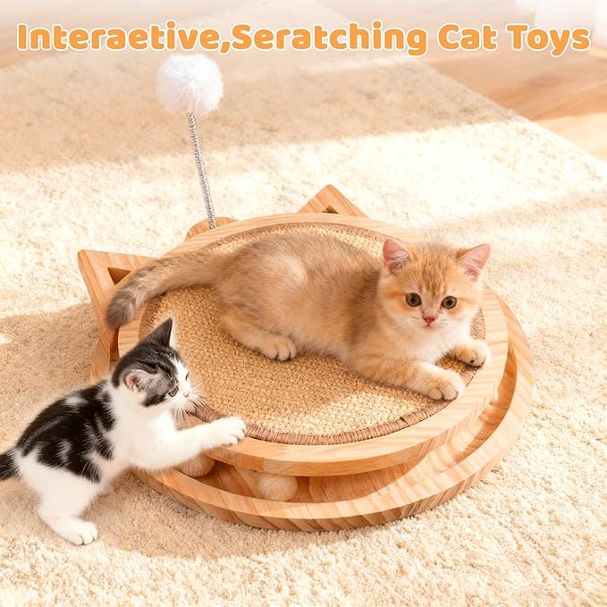 Sisal Cat Scratcher with Ball Track and Spring Toy 3 in 1 Wooden Interactive Cat Toys Cat Scratchers for Indoor Cats and Kitty