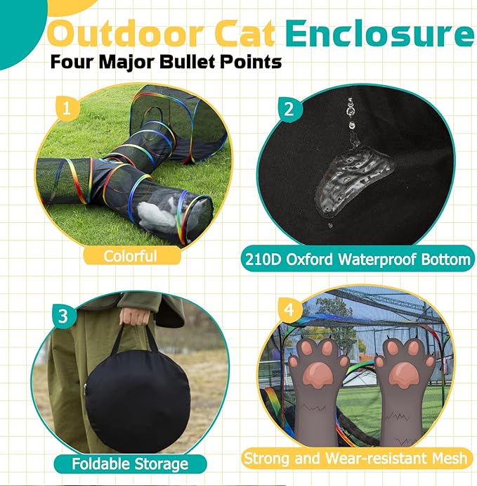 Outdoor Rainbow Cat Enclosures Playground,Outside House for Indoor Cats Include Portable Tent, 3 Way with 2 Cube Tunnel, for Kitty and Small Animals,Within Storage Bag
