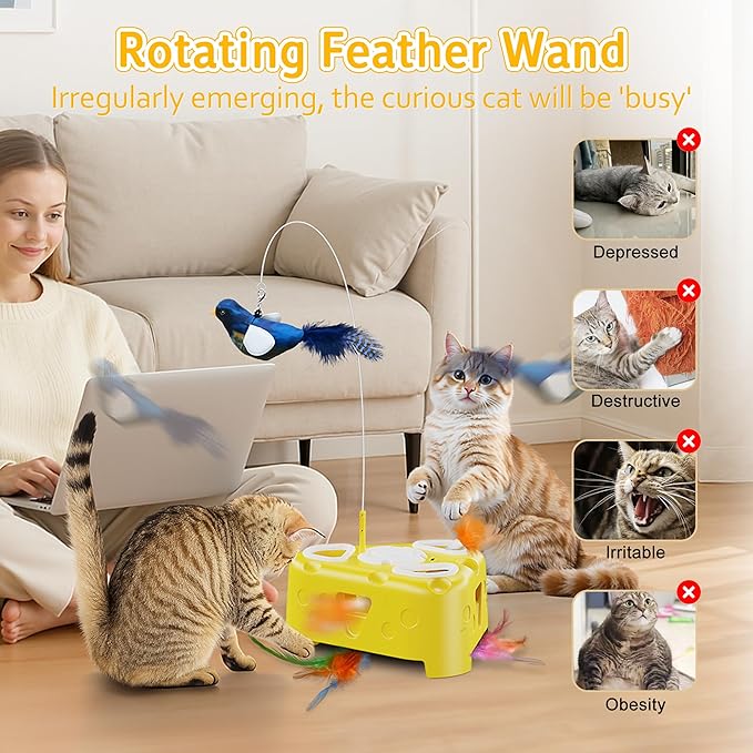 Automatic Cheese-Shaped Interactive Cat Toy – Flying Bird, 6-Hole Mole & Rotating Feather | USB Rechargeable Electronic Feather Toy for Indoor Adult Cats & Kittens, Relieves Boredom