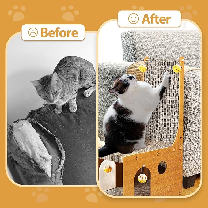 YEMOO Cat Scratcher, Cat Scratching Board, L Shaped Vertical Cat Scratcher for Wall and Couch Protection, Cat Cardboard Scratcher with 4 Ball Toys for Indoor Cats