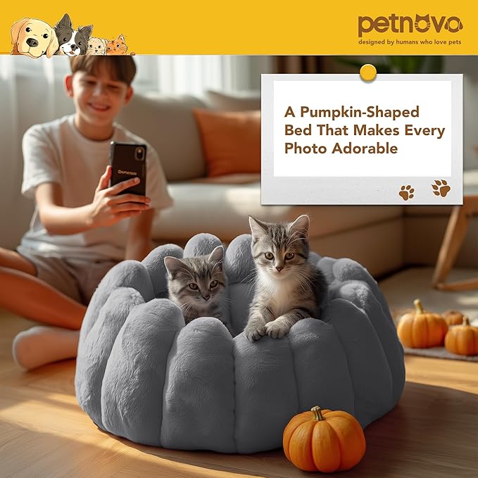 PETNOVO Grey Pumpkin Cat Bed, Plush Donut Cuddler with High Bolster, Non-Slip Cozy Pet Nest for Indoor Cats up to 13 lb and Small Dogs, 20L x 20W x 12H Inch