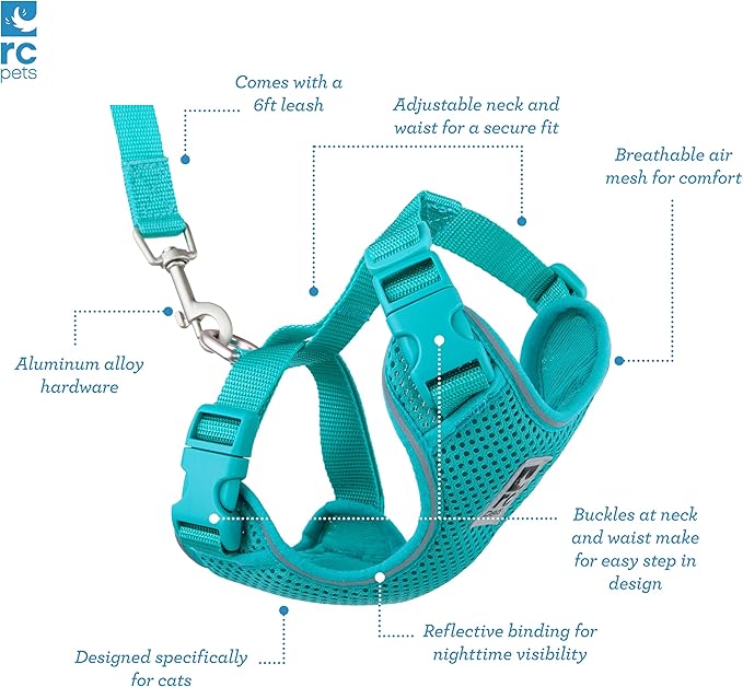 RC Pets Adventure Kitty Cat Harness | Adjustable Airmesh Vest with D-Ring and 6ft Leash for Walking and Travel | Teal, Large