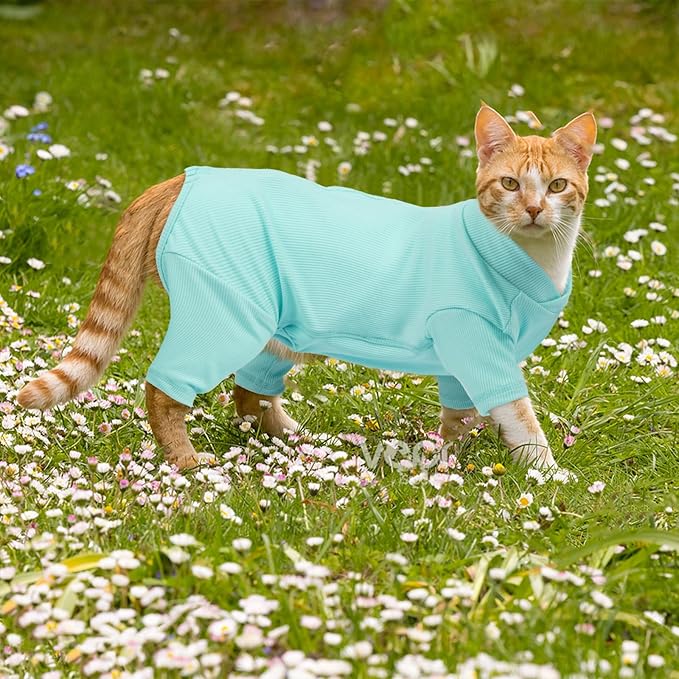Sticky Hair Cat Clothes, Breathable & Lightweight, Reduces Shedding Fur Pajamas, Full Body Long Sleeve Surgical Bodysuit, Stop Licking & Shedding Blue M