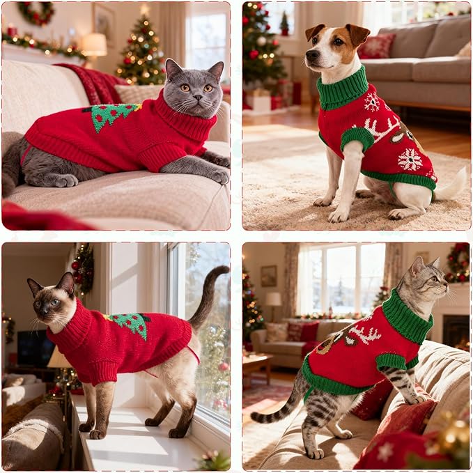 2PCS Puppy Christmas Sweater Cat Turtleneck Knitwear Xmas Elk Outfits Dog Christmas Tree Pattern Warm Clothes Sweater for Kitties Puppies XXS
