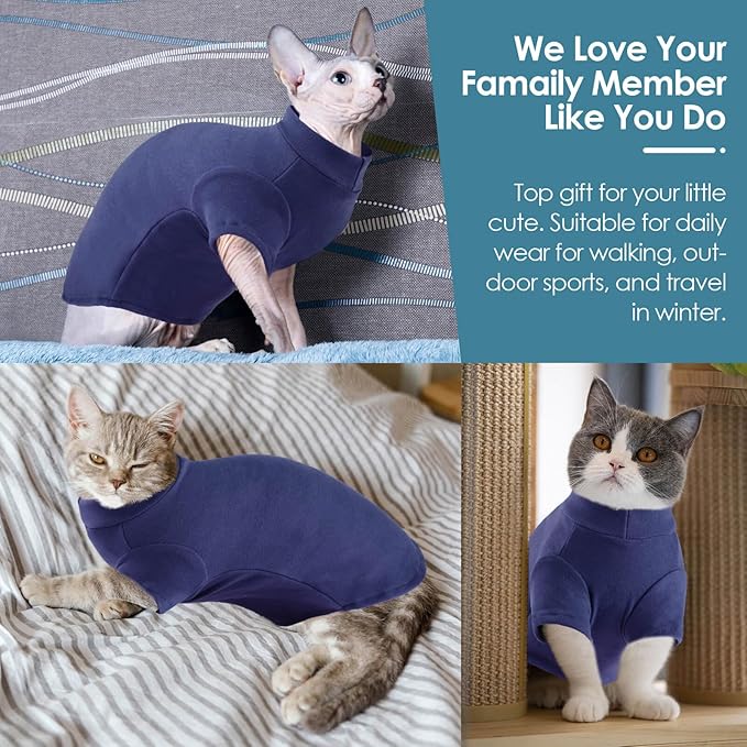 Turtleneck Sweater for Cat, Sphynx Cats Shirt Hairless Cat Sweaters with Sleeves, Warm and Soft Kitten Pullover Fleece Winter Pajamas Jumpsuit for Puppy Cats, Navy S