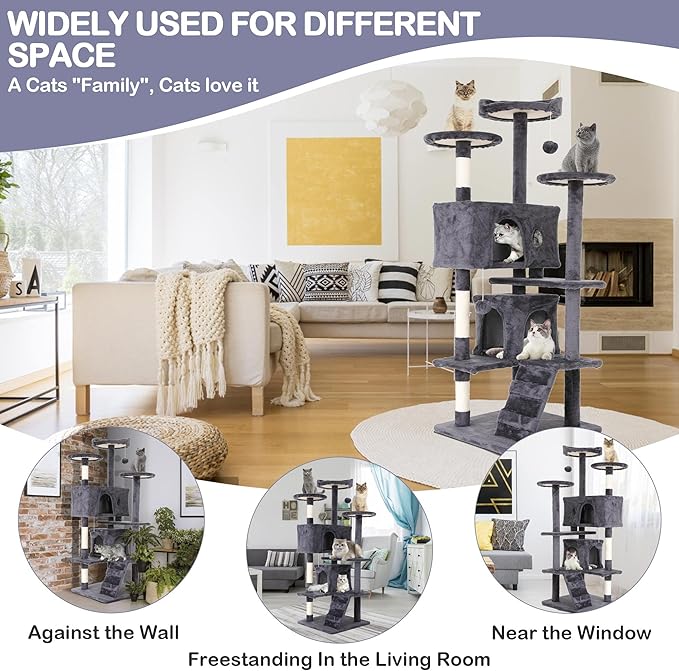 54 Inch Tall Cat Tree Tower - Multi-Level Cat Condo with Scratching Post, Toys & Rest Area, Light Grey