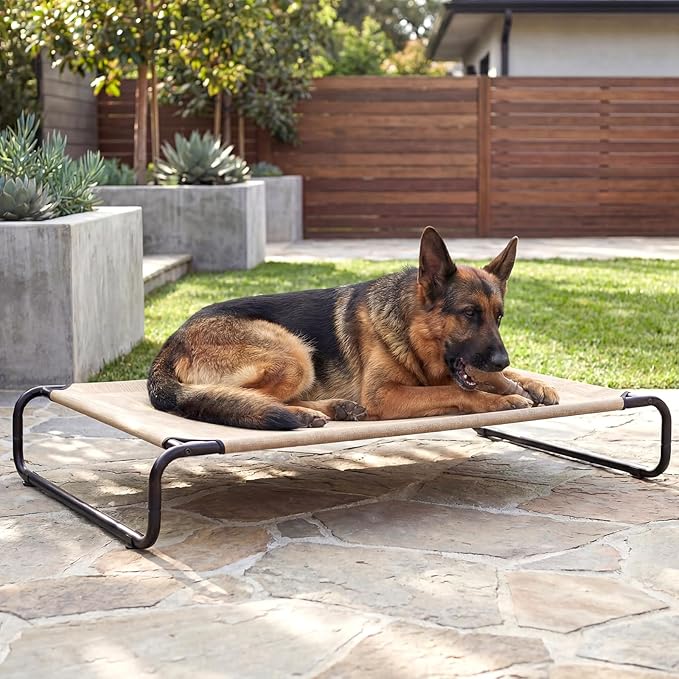 Veehoo Cooling Elevated Dog Bed, Outdoor Dog Bed for Large Dogs, Raised Dog Cot with Thickened Frame, Durable Teslin Mesh & Anti-Slip Rubber Feet, Pet Hammock for Indoor or Camping, 53" x 33", Beige