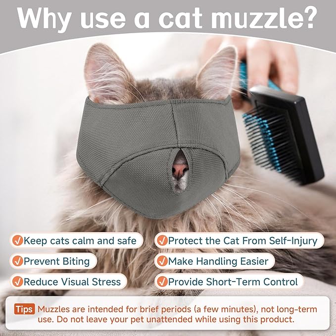 BARKLESS Cat Calming Muzzle for Grooming & Nail Trimming, Oxford Muzzle with Shading Design to Help Calm the Cat Down, Soft Head Cover to Prevent Biting & Scratching (Grey, S)