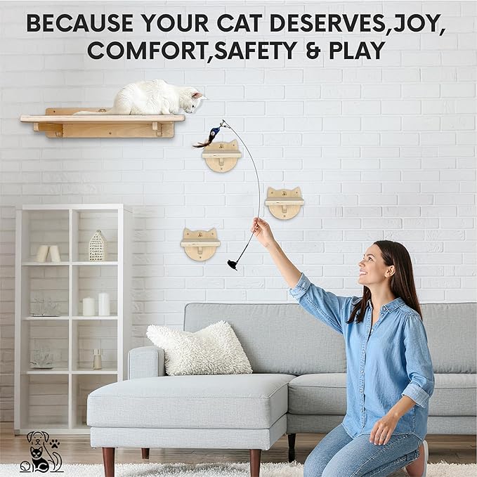 Snuggle & Play Cat Wall Shelves & Climbing System β Modern Furniture Set with 3 Steps & Perch for Indoor Cats, Includes Wand Toy