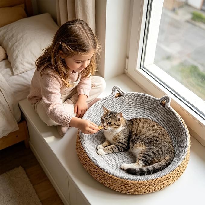 Woven Cat Scratch Bowl - Cotton Rope Round Cat Bed, Kitten Ear Design Scratching Board, Durable Claw Grinding Lounge Toy,