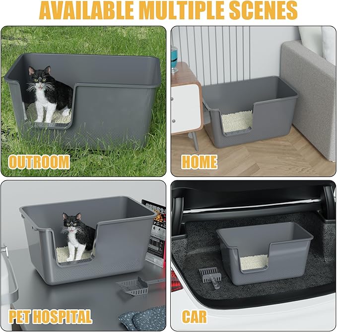 Open Cat Litter Box, Large Standard Litter Box, Kitten Litter Potty Pan for Small & Large Cats, Easy to Clean, Low Entry, 4 Units, Grey