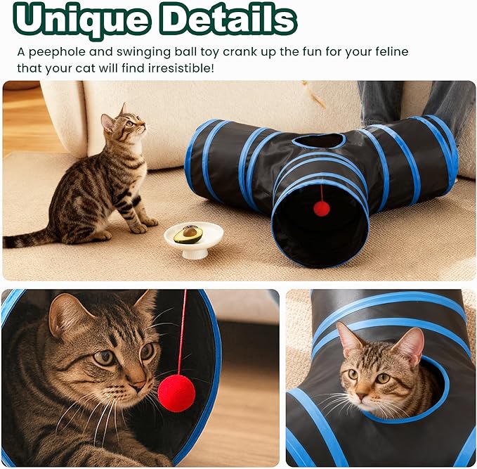 Love’s Cabin Cat Tunnel for Indoor Cats, 3-Way Collapsible Play Tunnel with Teaser Wand, Peek Holes & Toy Ball, Small Pet Toy for Kittens & Rabbits, Black & Royal Blue, Small Size
