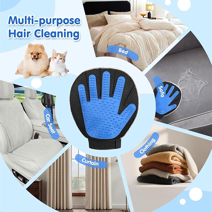 Pawaboo 2 Pack Pet Hair Removal Gloves, Dual-Side Electrostatic Hair Removal & Silicone Fur Brush for Dogs and Cats, Reusable Five-Finger Pet Fur Grooming Glove for Couch Carpet Clothes, Blue & Grey
