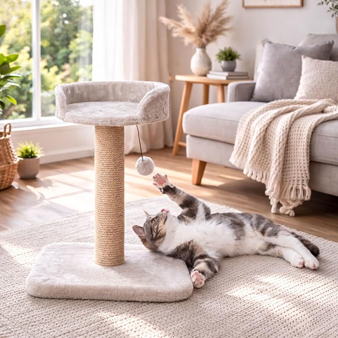 Trixie Mica 18-in Cat Tree for Kittens, Indoor Jute Scratching Post Cat Furniture, Padded Platform, Dangling Toy, Greige