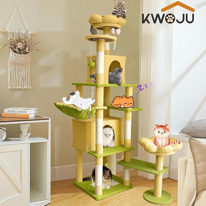 Flower Cat Tree 71 Inches,Large Cat Tower with 2 Detachable Flower Cushions and 2 Hiding Condo, Tall and Big Cat Tree with Hammock Bed, Interactive Toys and Scratching Posts for Indoor Cats (Yellow)