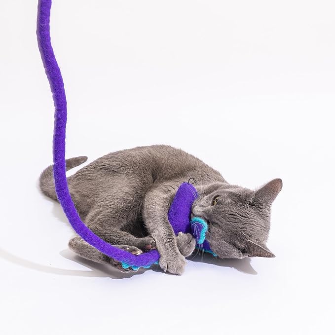 Catch a Mouse Wool Cat Toy with a 6-Ft Tail for Indoor Cats & Kittens. Cute Toy Mouse, Rat Plush Toy, Fake Mice. No Catnip. (Purple Dragon)