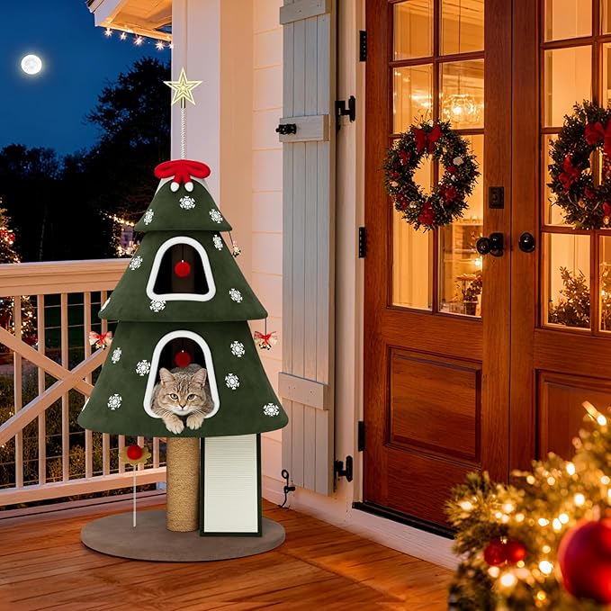 STILLCOVE 53" Large Christmas Cat Tree Tower: Indoor Green Heavy Duty Cat Condo House with Scratching Post & Toys for Xmas Decorations