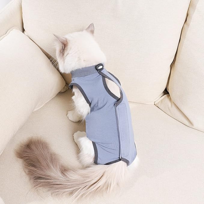 kzrfojy Cat Surgery Recovery Suit Cat Onesie for Cats After Surgery Spay Surgical Abdominal Wound Skin Diseases E-Collar Alternative Wear (Grey-Blue-L)