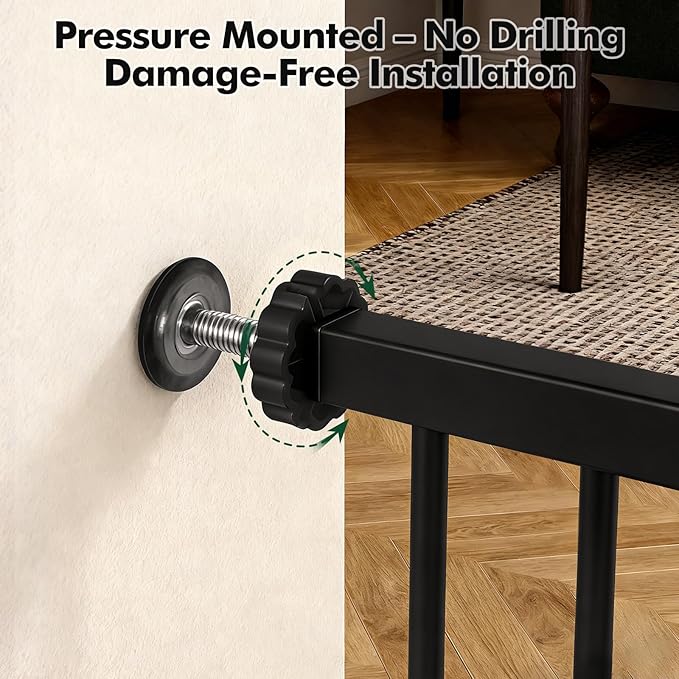 Metal Pet Gate with Cat Door, Adjustable Dog Gate for Doorways & Stairs, Pressure Mounted, Auto-Close, No Tools Needed, 31-46 Inches, Black