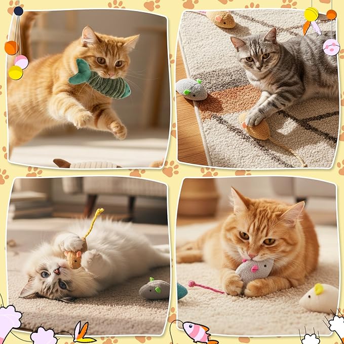 Leitee 12 Pack Cat Toys Bulk Plush Cat Mice Fish Toys Set Mouse Dog Toy for Indoor Kittens Puppies to Eliminate Boredom, Multicolored, Not Filled Catnip(Plush Fish)