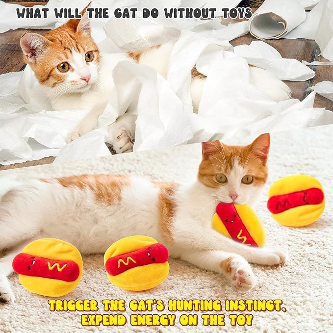L1rabe Hot Dog Catnip Stuffed Toys for Cats - 5Pcs Pet Days Funny Kitten Toys Indoor Yellow Interactive Pet Supplies, Kitten Chew Bite Tools Cat Lovers Gifts, Organic Eco-Friendly Birthday Present