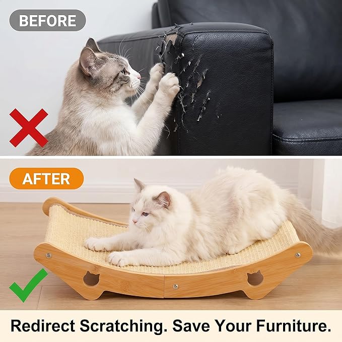 Sisal Cat Scratcher Bed, 3-in-1 Natural Sisal Scratching Board & Hammock, Solid Wood Frame, Ergonomic 150° Curve, No Cardboard Dust, for Indoor Cats up to 20 lbs