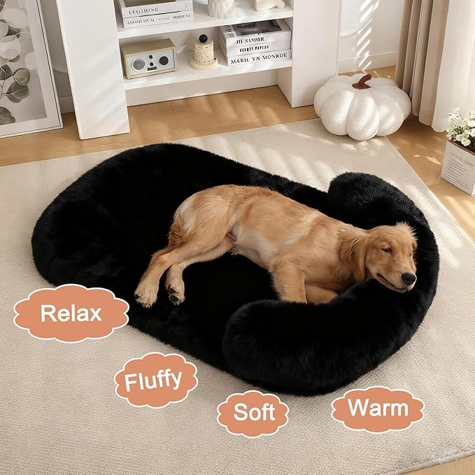 Orthopedic Dog Bed with Egg-Crate Base, Calming Dog Beds Fluffy Plush Faux Fur with Raised Edges, Spine Friendly Pet Sleeping Mat for Medium Large Dogs, Machine Washable (Oval, Black 40"x30")