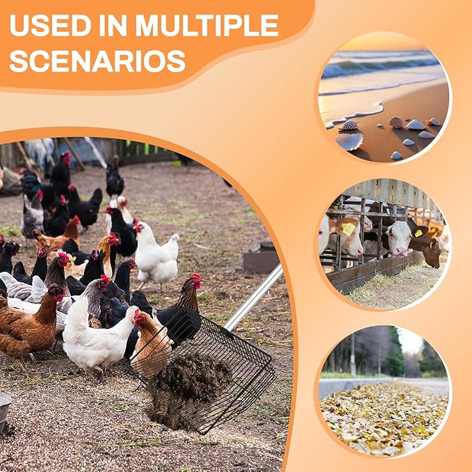 10 Inch Chicken Pooper Scooper & Sifting Shovel with 4-Stage Adjustable Handle (36" to 67") – Litter Scoop for Chicken Coop Cleaning, Poultry Waste, Sand & Droppings Removal